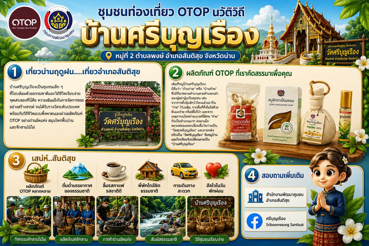"พช.สันติสุข ขอเชิญชวน“ชุมชนท่องเที่ยว OTOP นวัตวิถี” บ้านศรีบุญเรือง หมู่ที่ 2 ตำบลพงษ์ อำเภอสันติสุข จังหวัดน่าน"